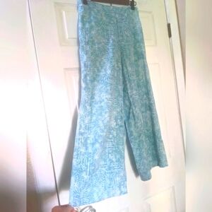 Coldwater Creek Women's Wide Leg Linen Blue and White Pattern Pants | PS